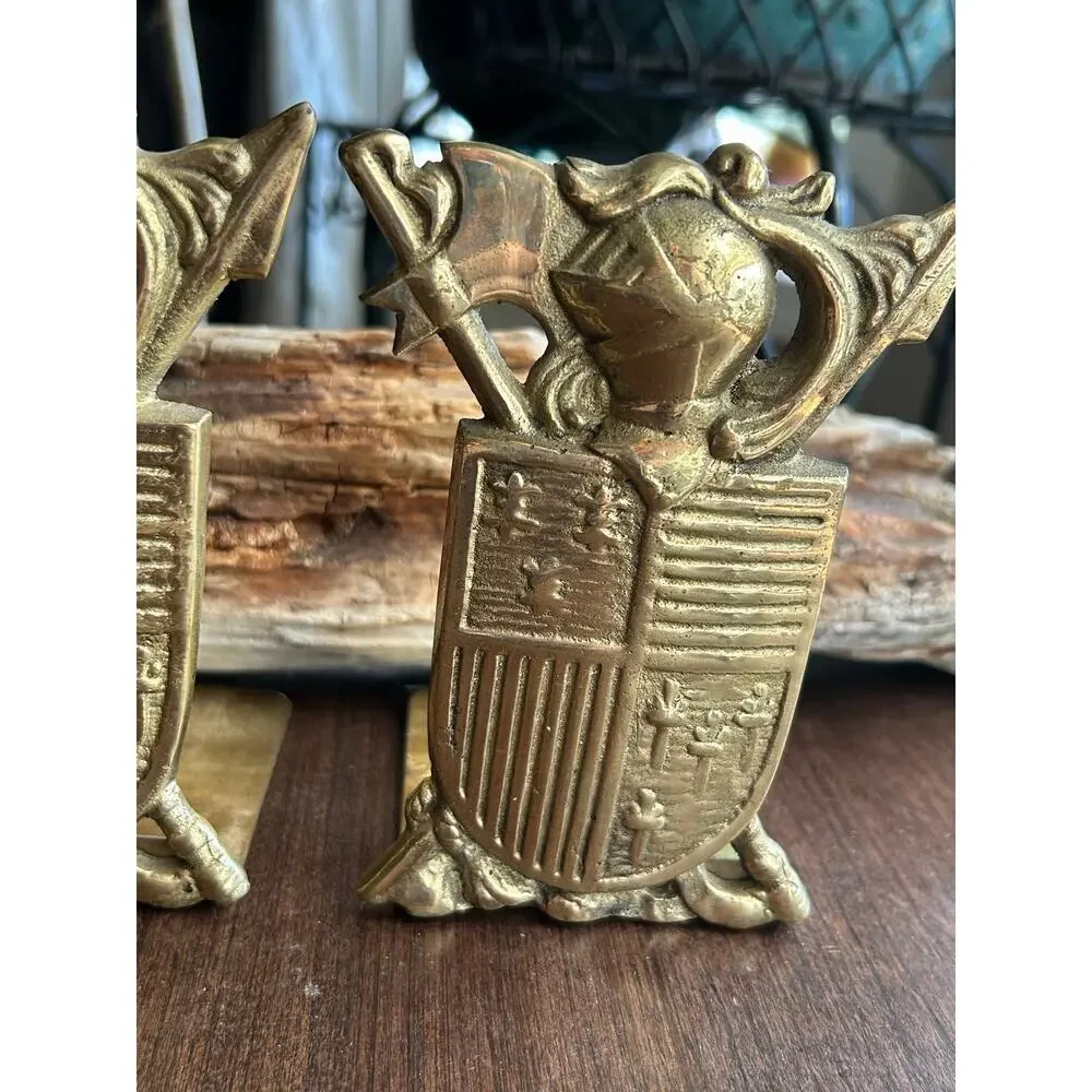 Vintage Medieval Knight Coat of Arms brass bookends Shield Sexton